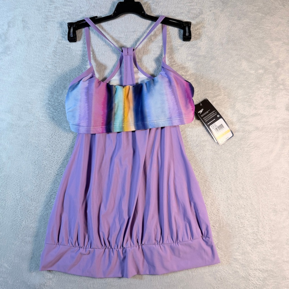 Speedo Active Recreation Blouson Tankini Top Fairy Wren Purple Tie Dye Small New